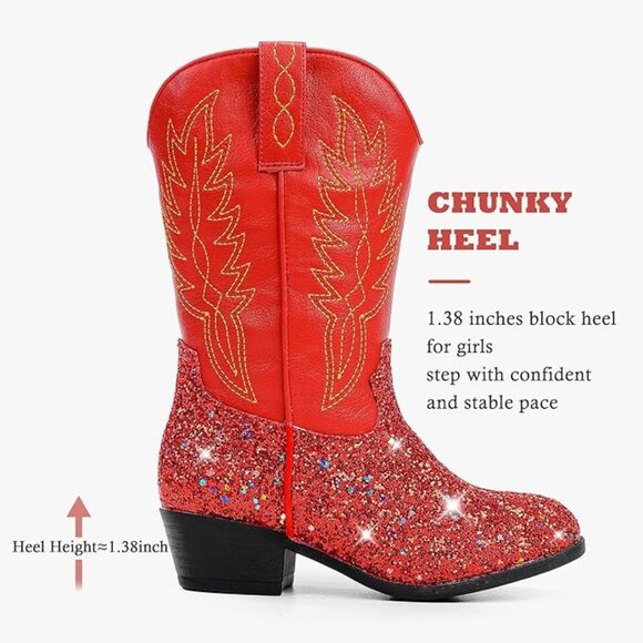 Cowboy Boots Red Glitter w/ Embroidered Design Western Style - Size 12 - Picture 12 of 13